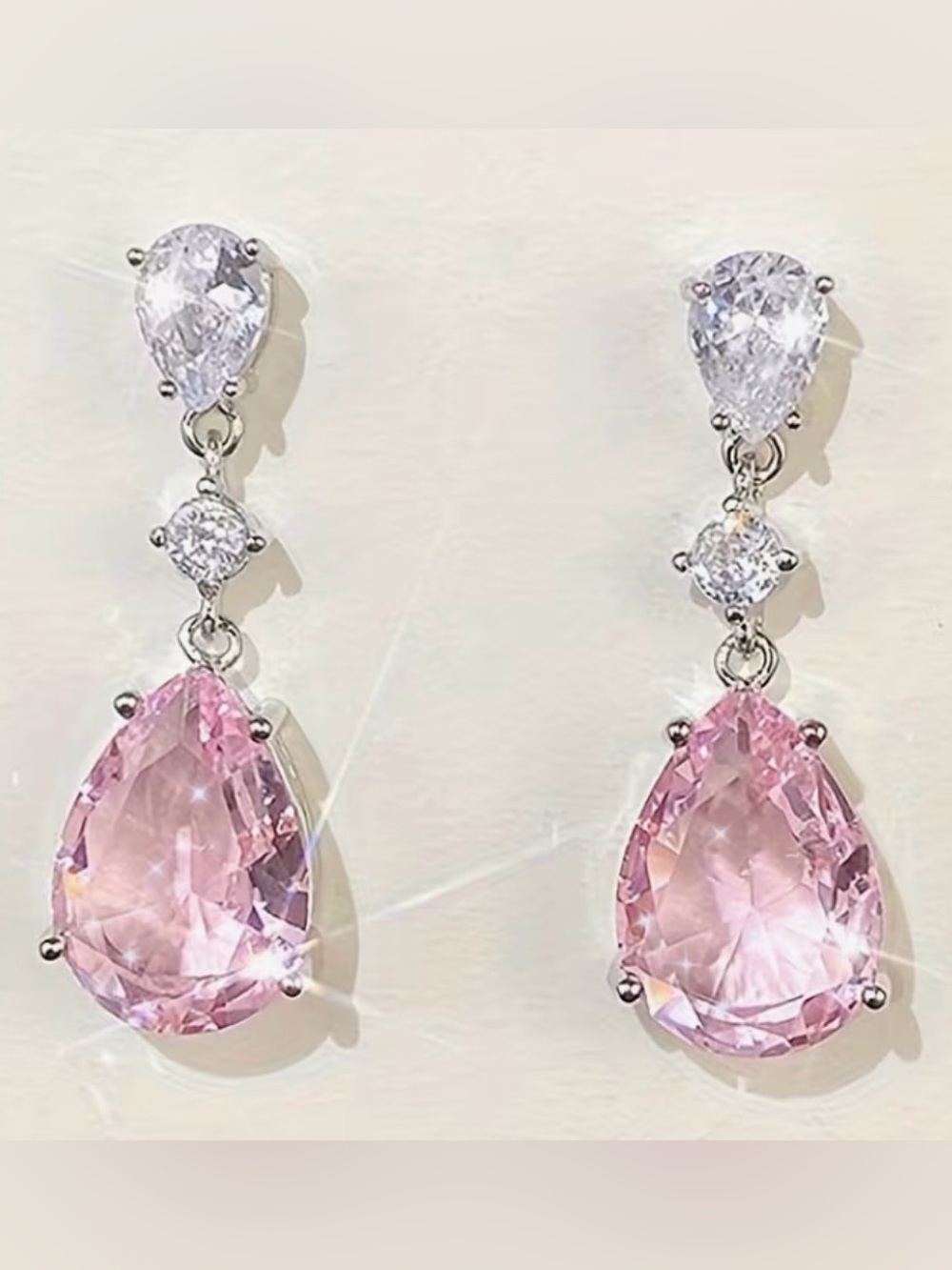 White Gold Plated Pink CZ Teardrop Dangle Drop Earrings. New.